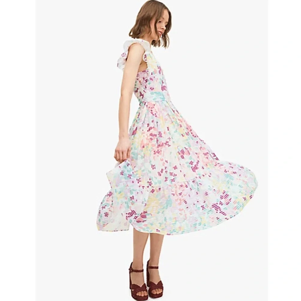 Kate Spade Pastel Floral Ruffle Midi Dress Size 12